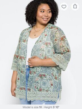 Mason & Belle | Crochet Trim Open Front Top | Green Floral | 1X